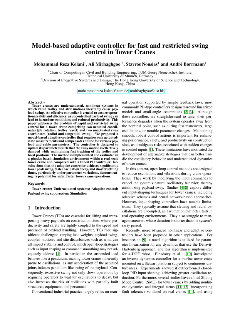 Model-Based Adaptive Controller for Tower Cranes