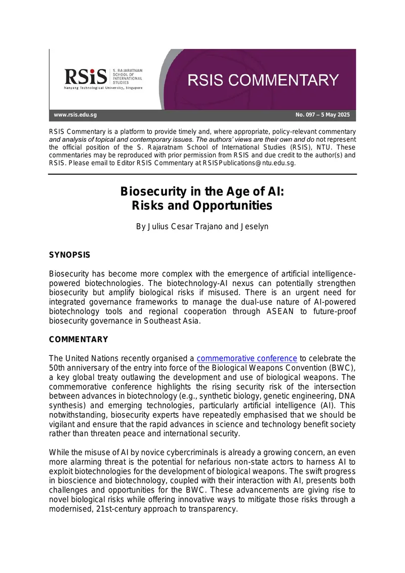 Biosecurity in the Age of AI Risks and Opportunities