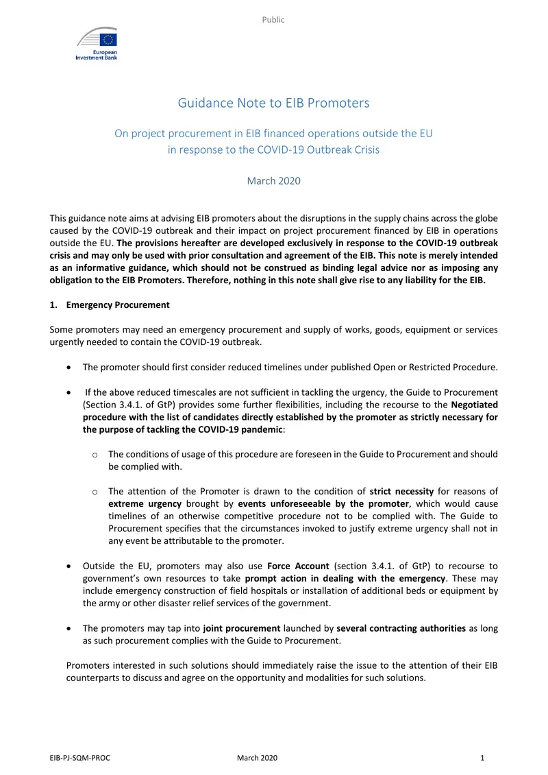 Guidance Note for EIB Promoters on COVID-19 Procurement