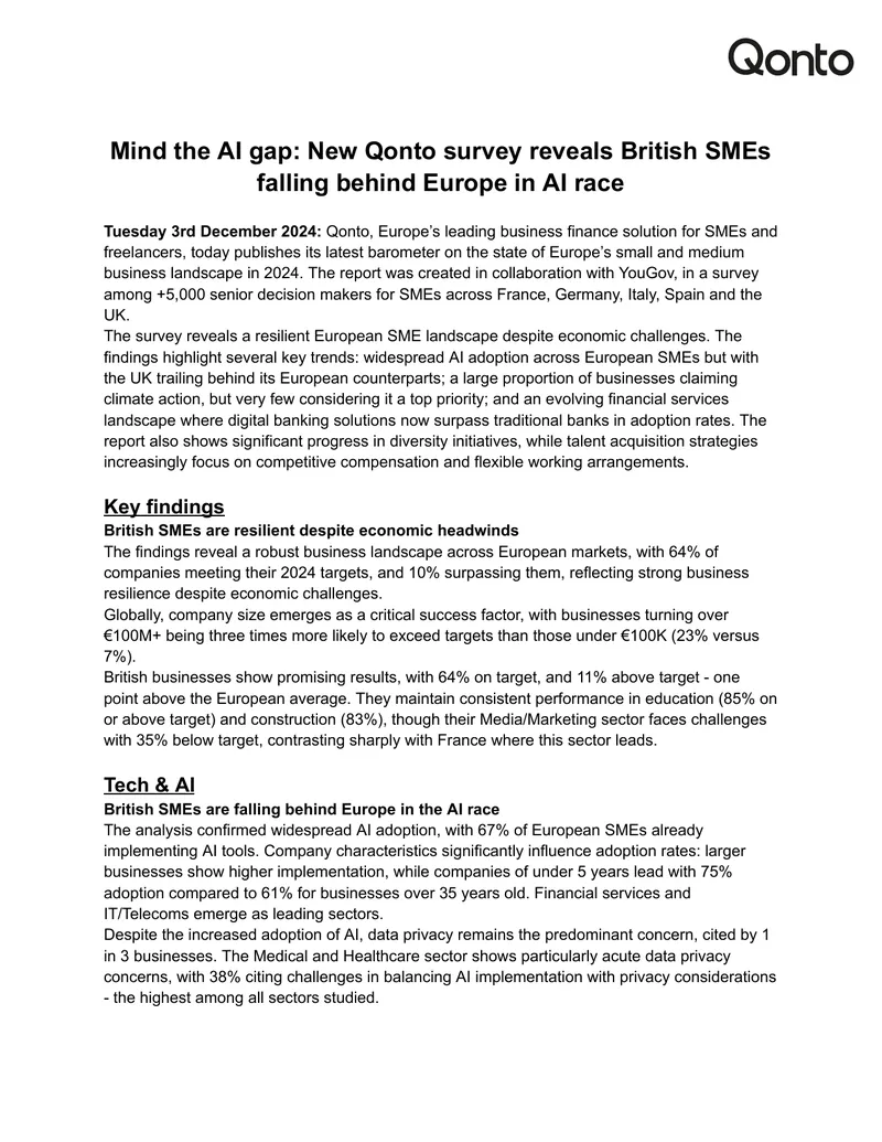 Qonto Survey on AI Adoption Among British SMEs