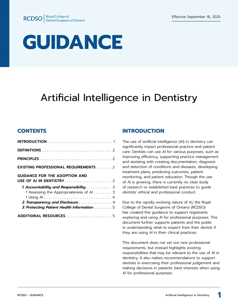 Guidance on Artificial Intelligence in Dentistry