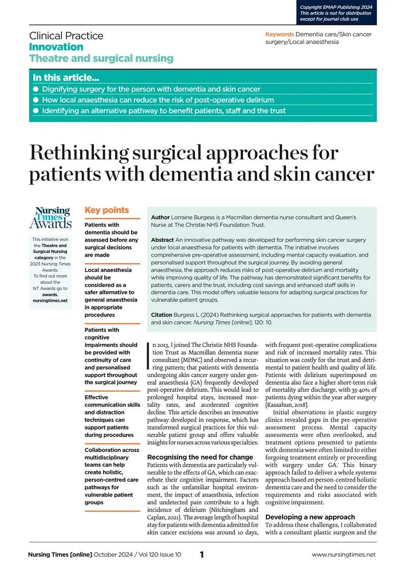 Innovative Pathway for Dementia Patients in Skin Cancer Surgery