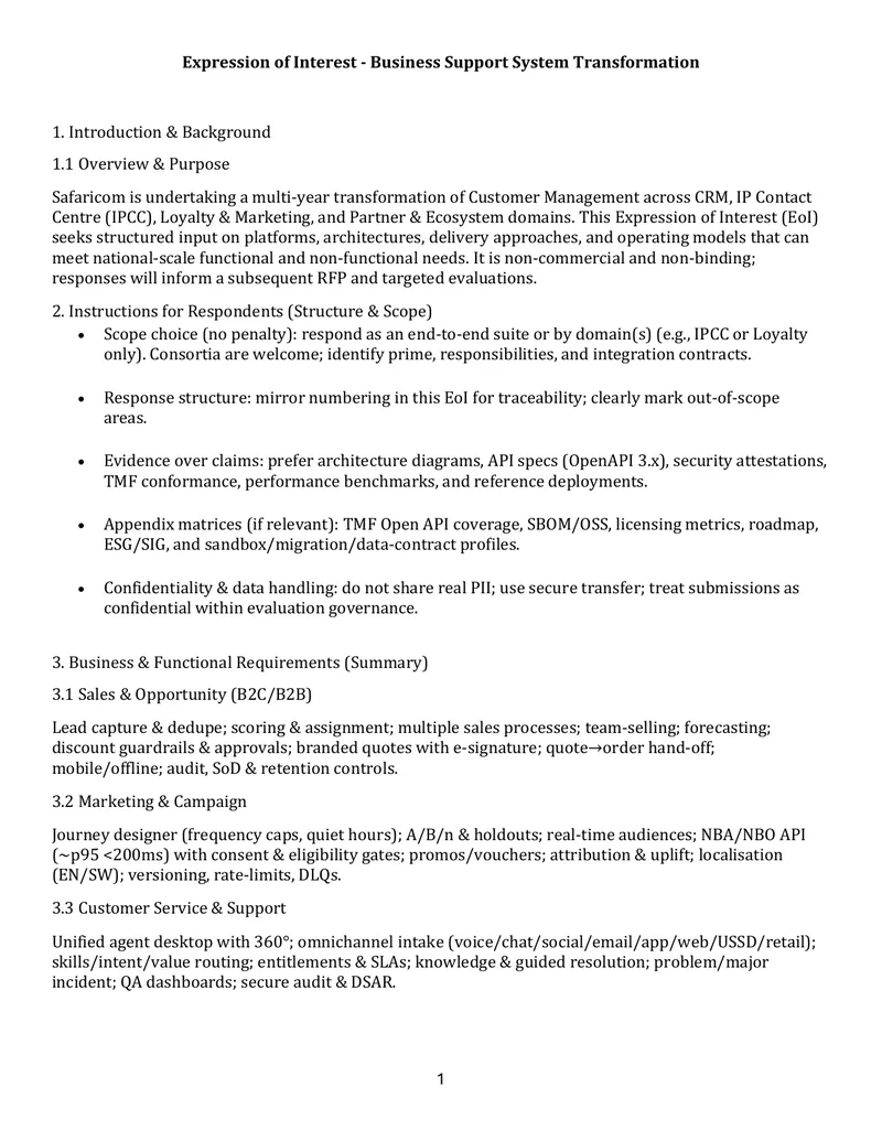 Expression of Interest for Business Support System Transformation