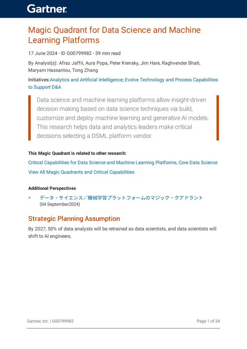 Magic Quadrant for Data Science and Machine Learning Platforms