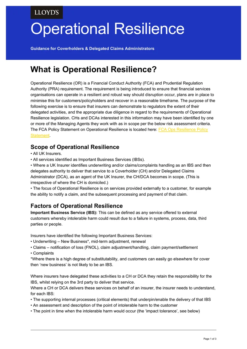 Operational Resilience Guidance for Coverholders and Delegated Claims Administrators