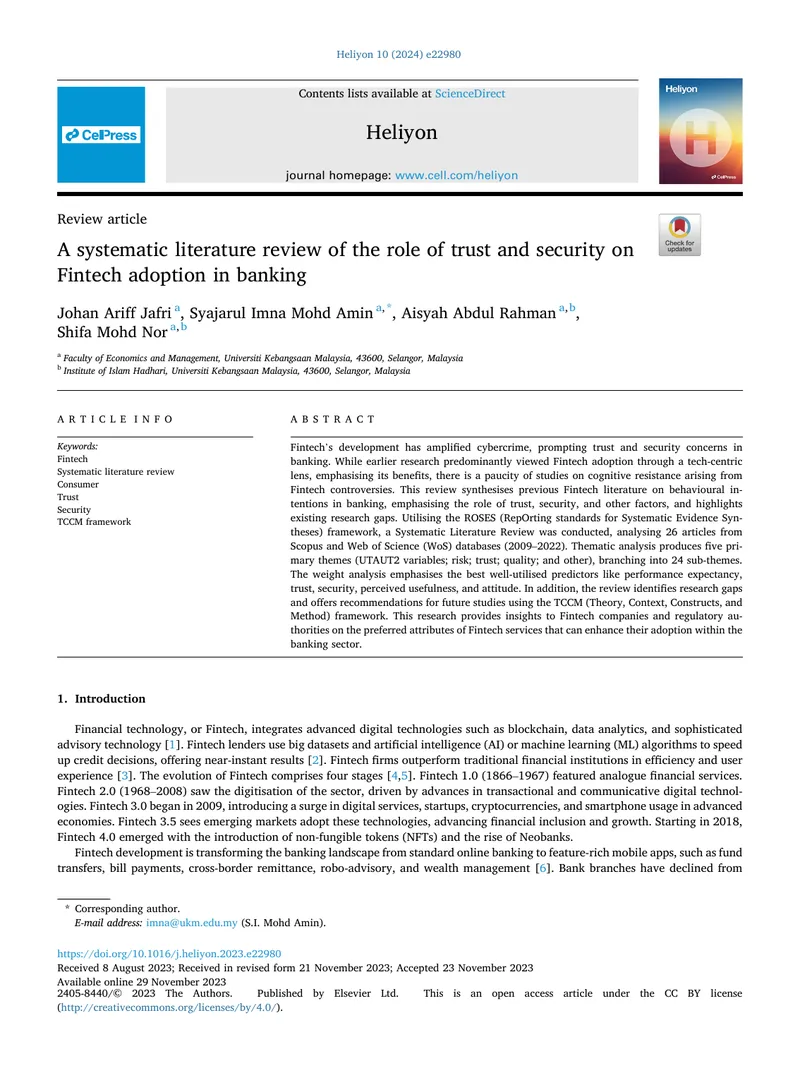 Systematic Literature Review on Trust and Security in Fintech Adoption