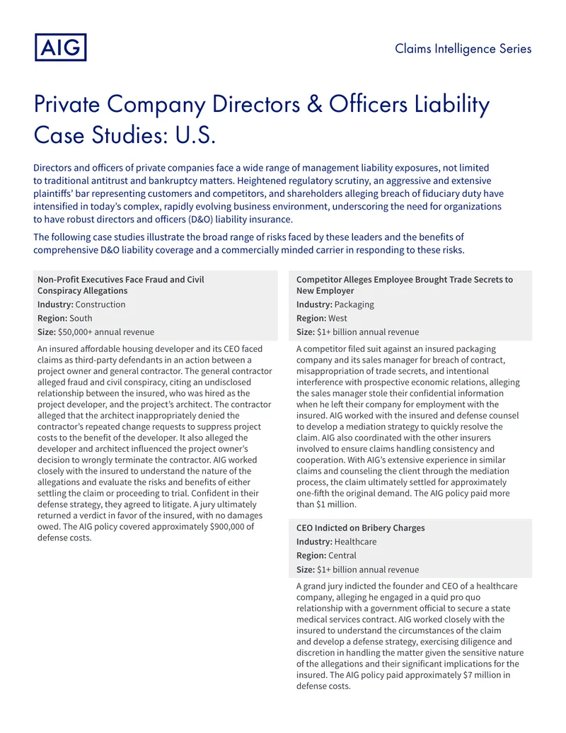 Private Company Directors and Officers Liability Case Studies
