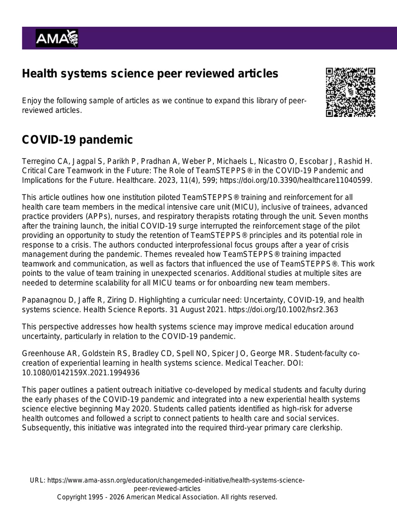 Health Systems Science Peer Reviewed Articles