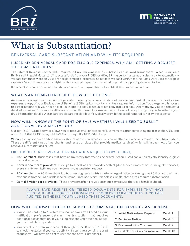 Beniversal Card Substantiation Requirements Guide