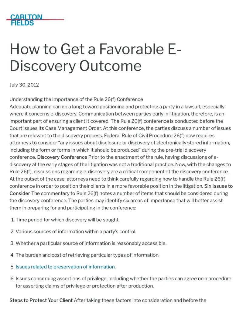 E-Discovery Outcome and Rule 26(f) Conference Guide