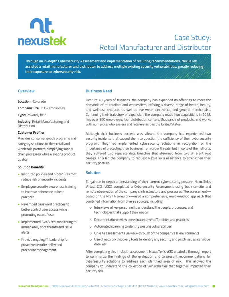 Cybersecurity Enhancement for Retail Manufacturer