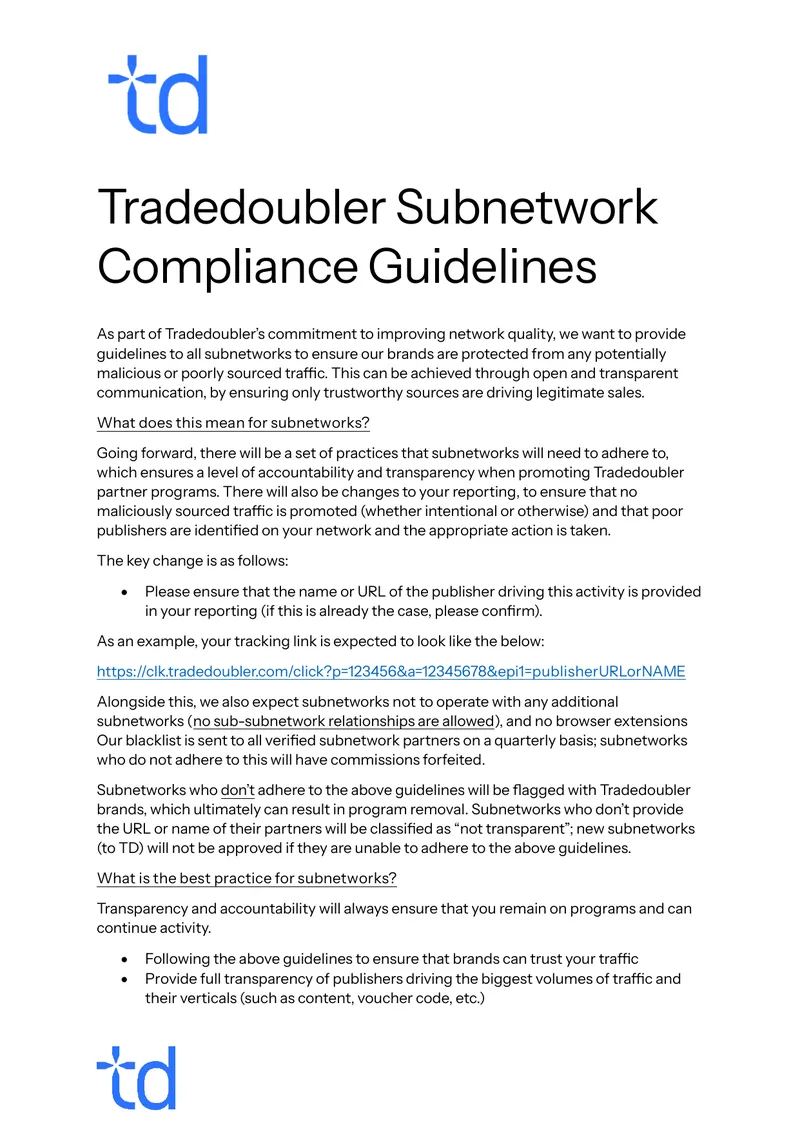 Tradedoubler Subnetwork Compliance Guidelines