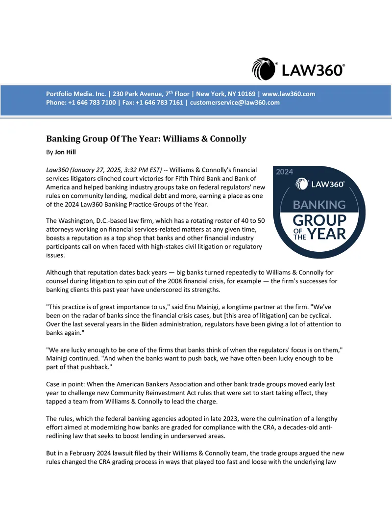 Williams & Connolly's Legal Achievements in Banking Sector