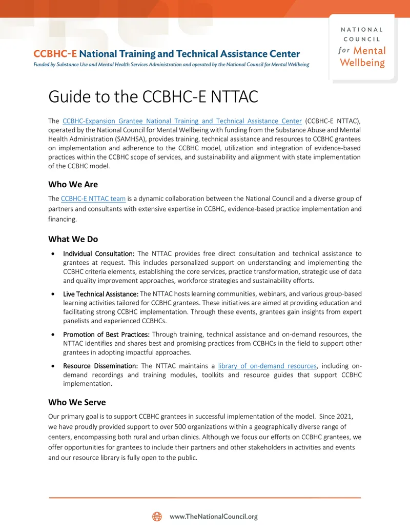 Guide to the CCBHC-E NTTAC Services