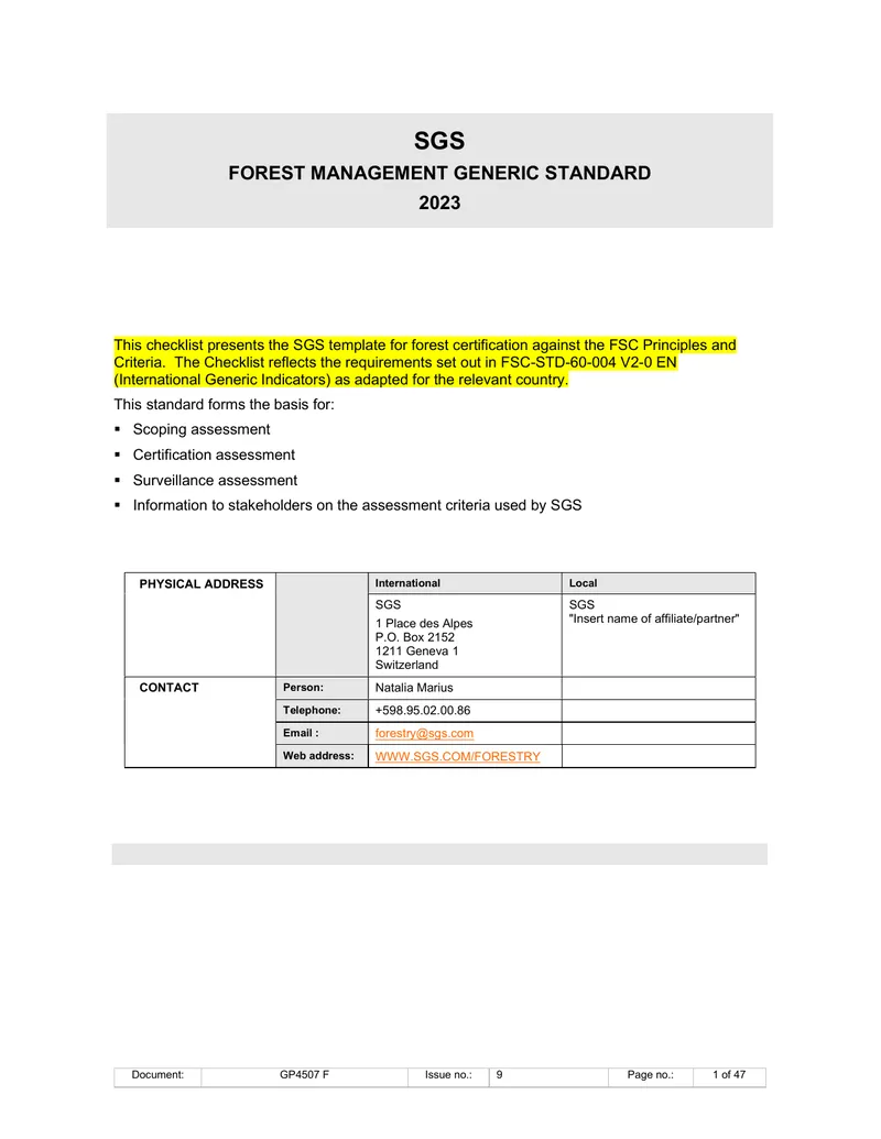 SGS Forest Management Generic Standard 2023