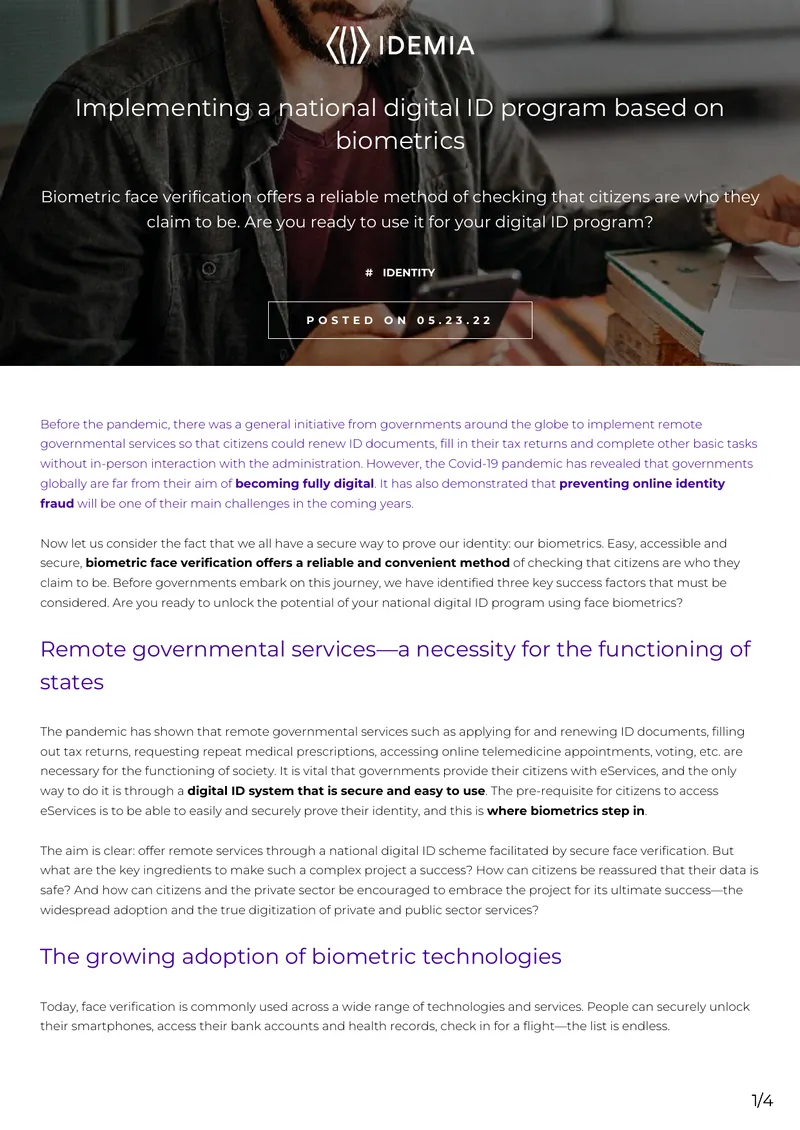 Biometric Technologies for National Digital ID Programs