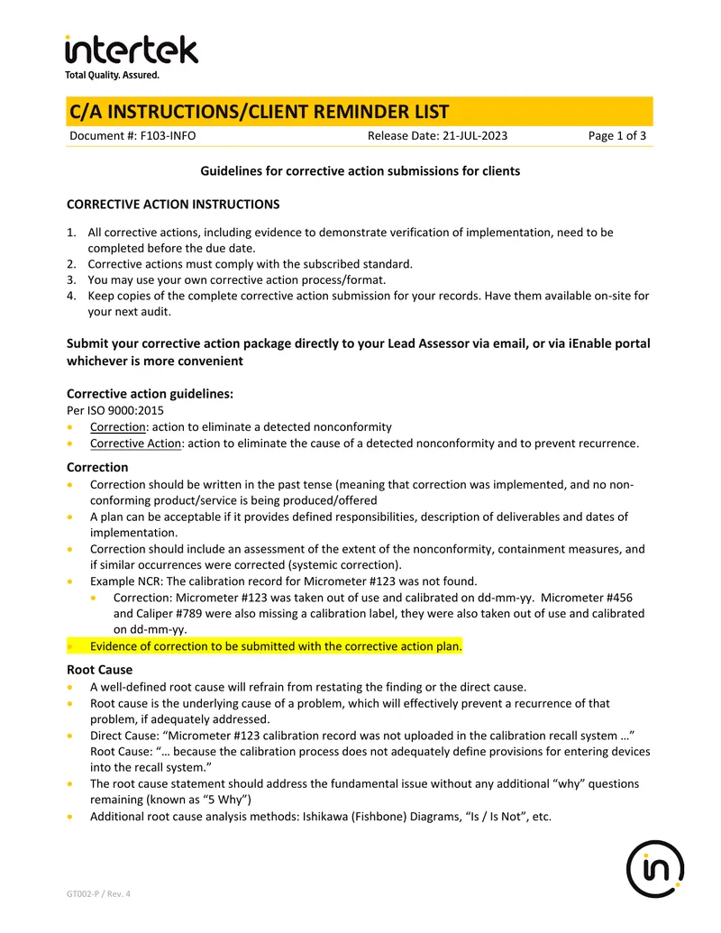 Guidelines for Corrective Action Submissions