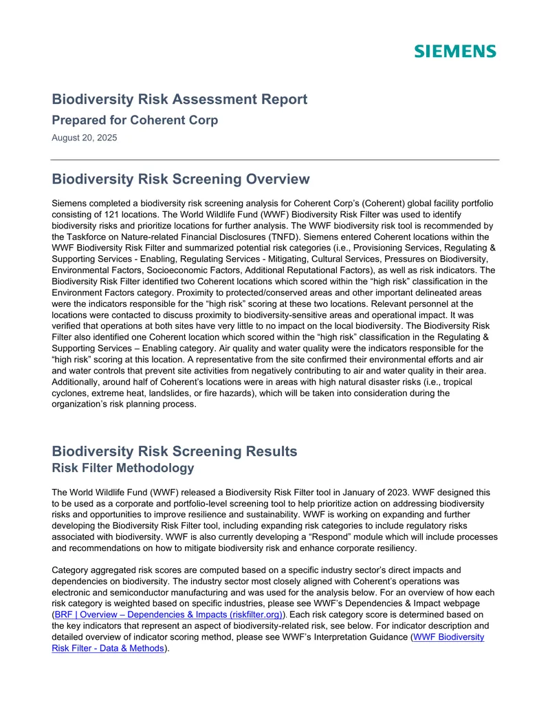 Biodiversity Risk Assessment Report for Coherent Corp