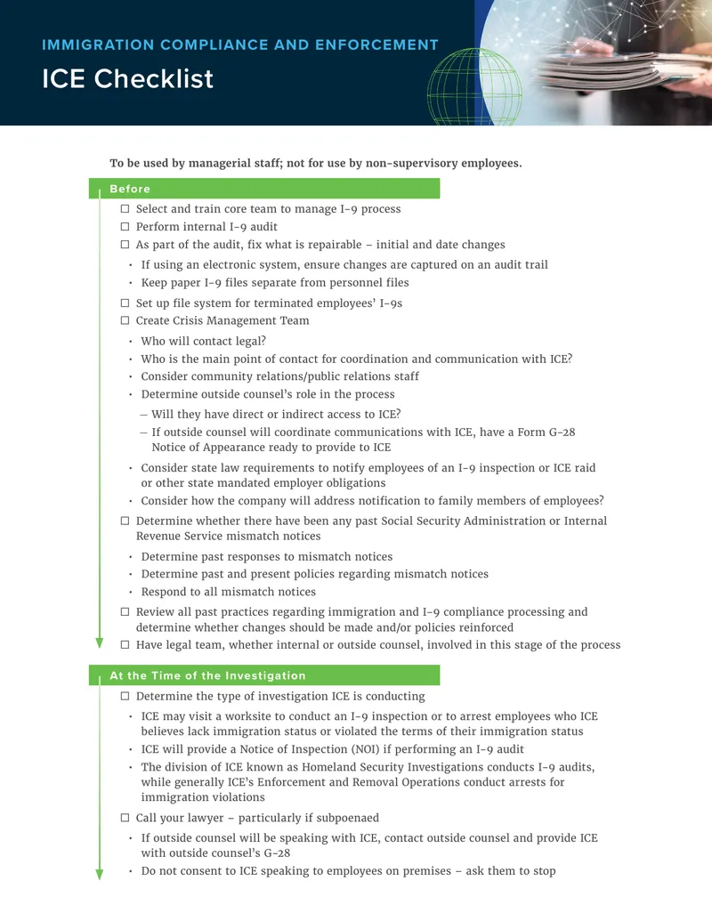 Immigration Compliance and Enforcement ICE Checklist