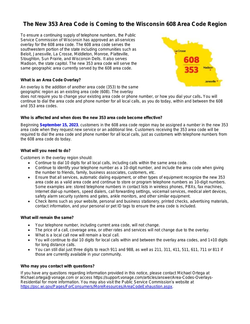 New 353 Area Code Implementation in Wisconsin