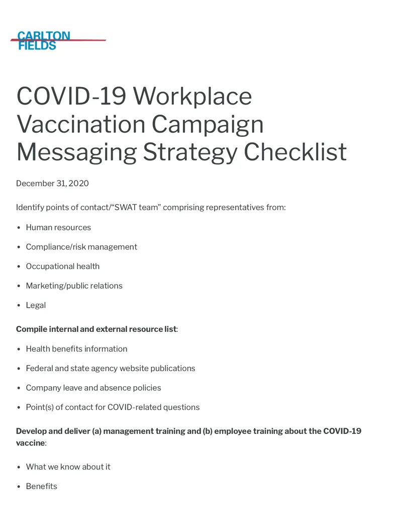 COVID-19 Workplace Vaccination Campaign Messaging Strategy Checklist