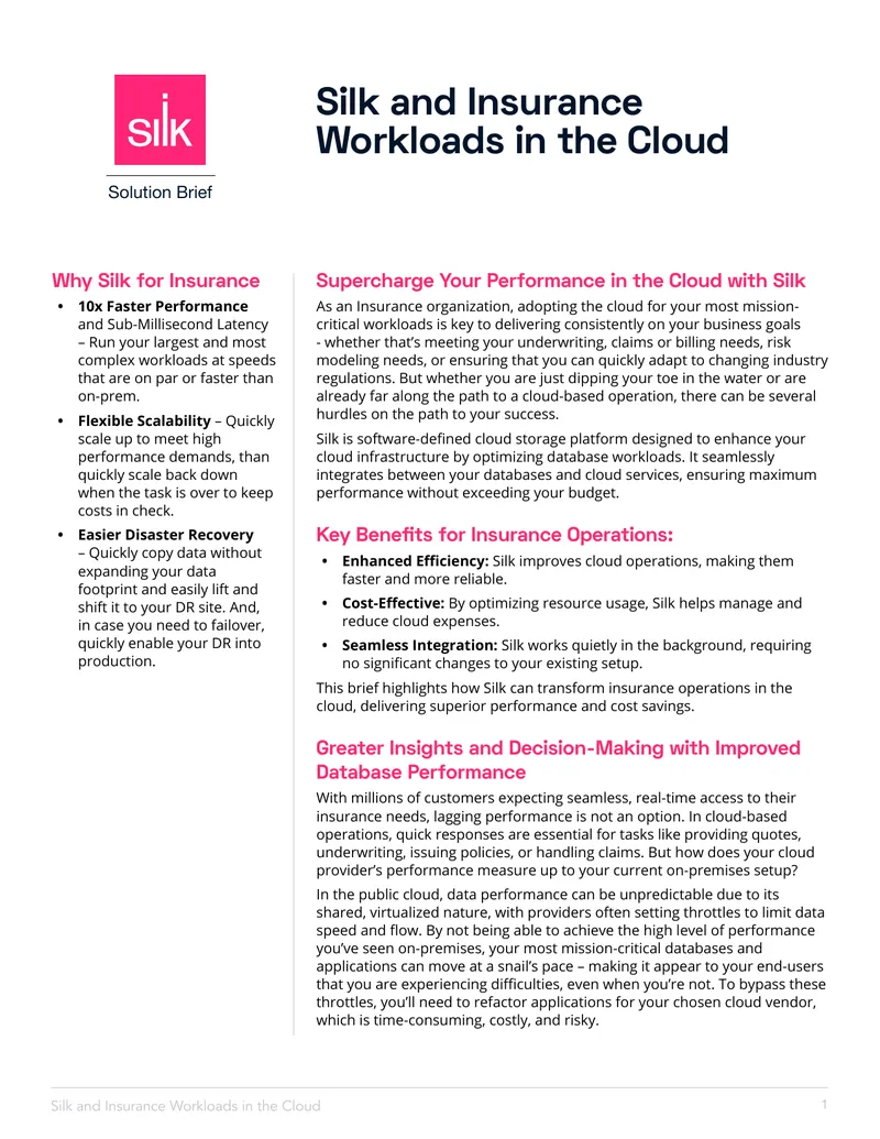 Silk Integration for Insurance Workloads in the Cloud