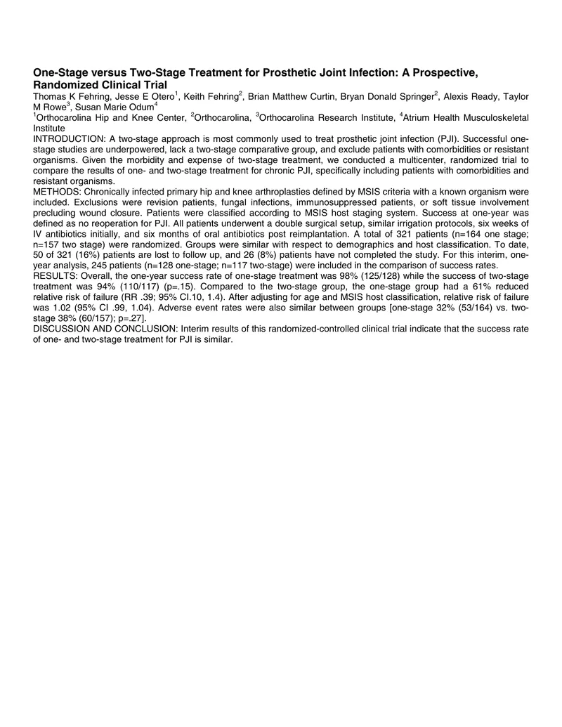 One-Stage versus Two-Stage Treatment for Prosthetic Joint Infection