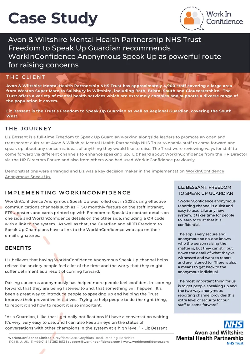 Implementation of WorkInConfidence Anonymous Speak Up