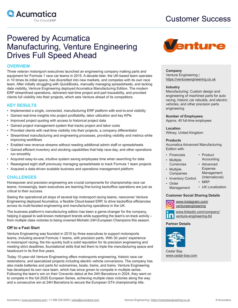 Venture Engineering Acumatica Implementation Case Study