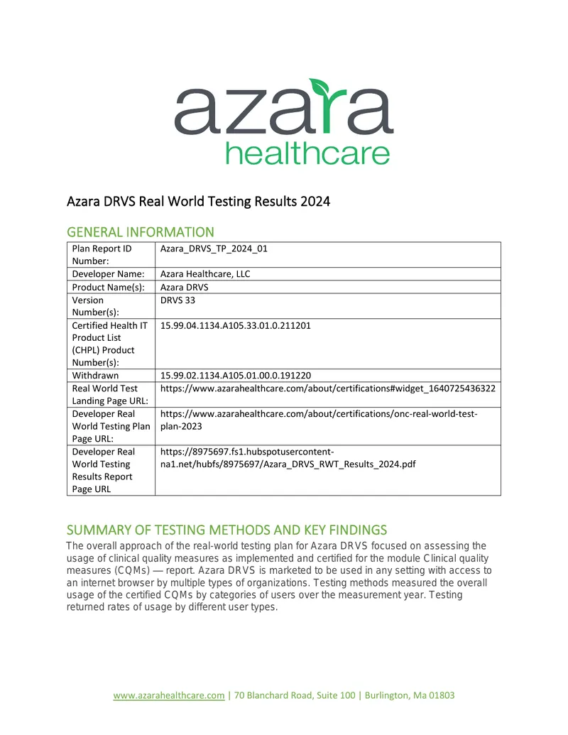 Azara DRVS Real World Testing Results 2024