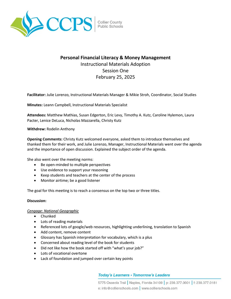 Personal Financial Literacy Instructional Materials Evaluation