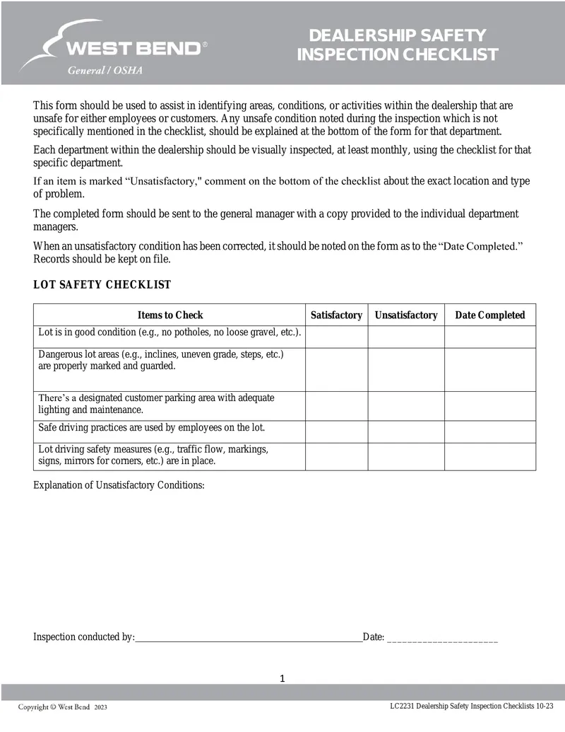 Dealership Safety Inspection Checklists