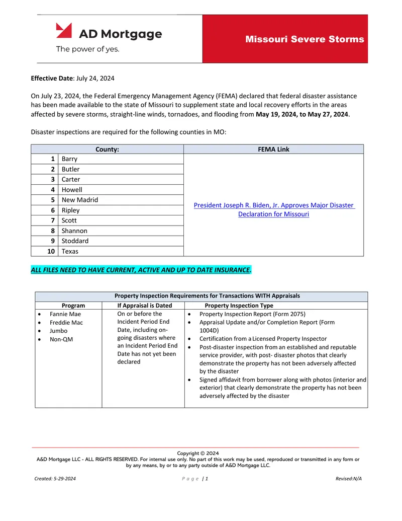 Missouri Severe Storms Property Inspection Requirements