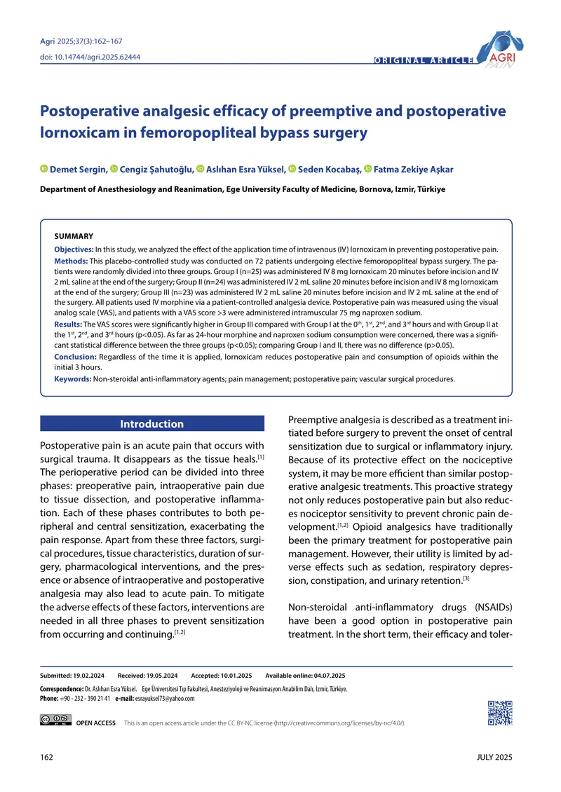 Postoperative Analgesic Efficacy of Lornoxicam in Surgery