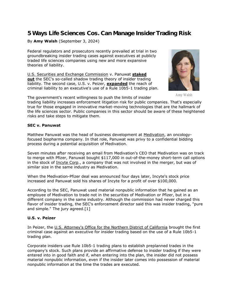 Managing Insider Trading Risk in Life Sciences