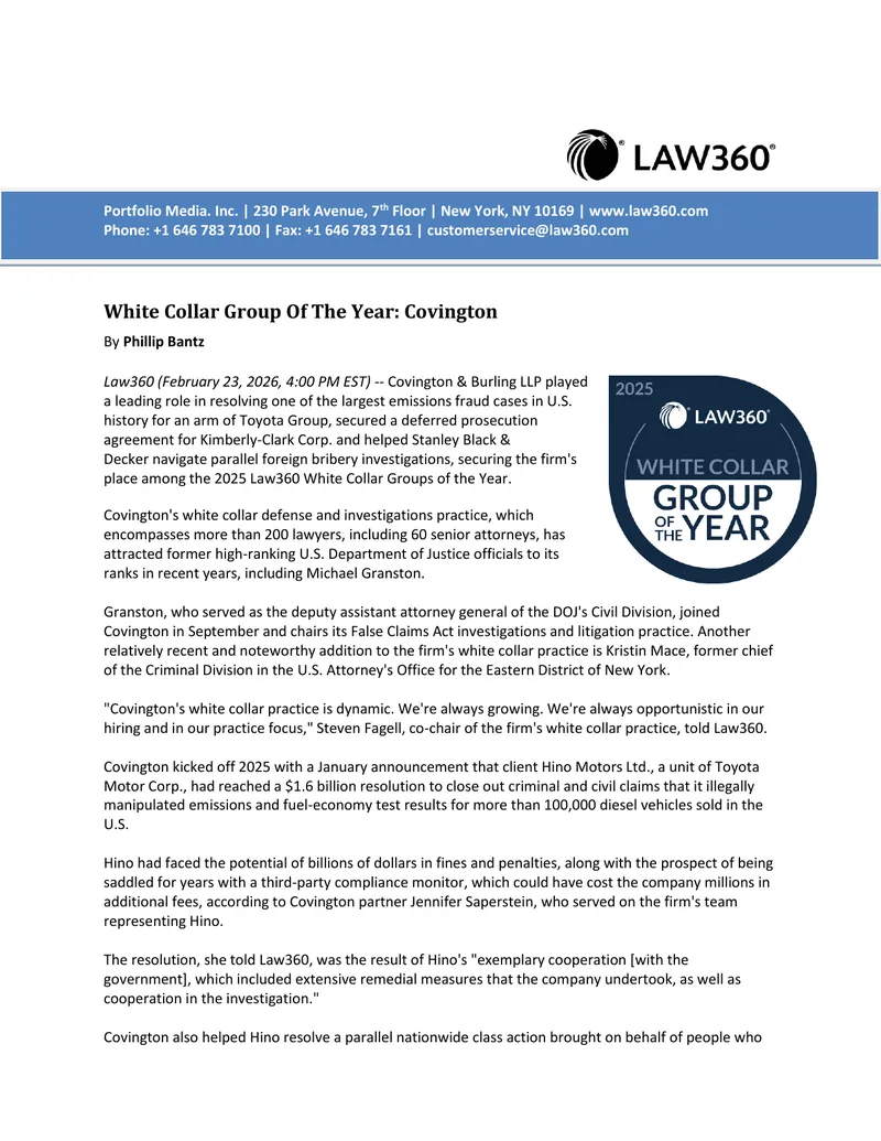 Covington & Burling LLP White Collar Defense Achievements