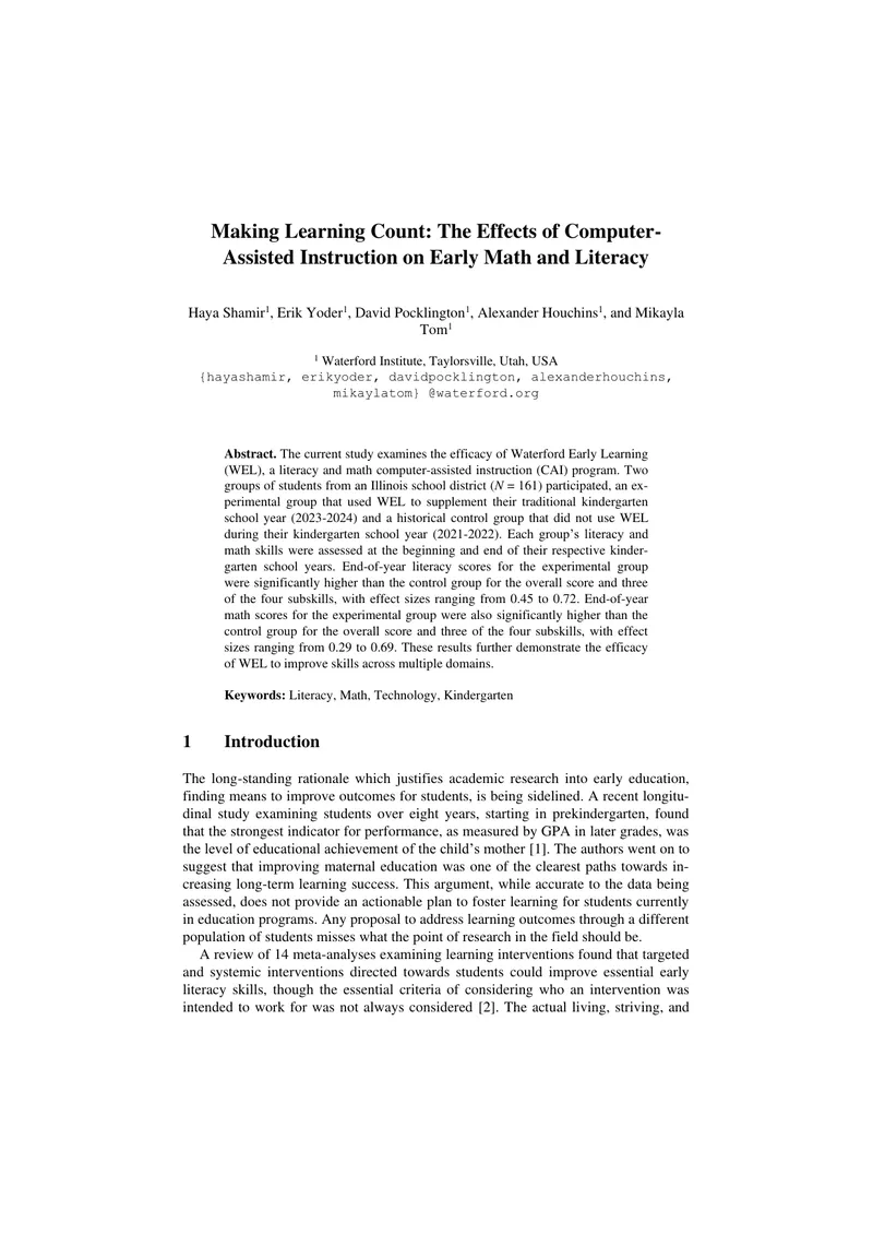 Efficacy of Computer-Assisted Instruction in Early Education