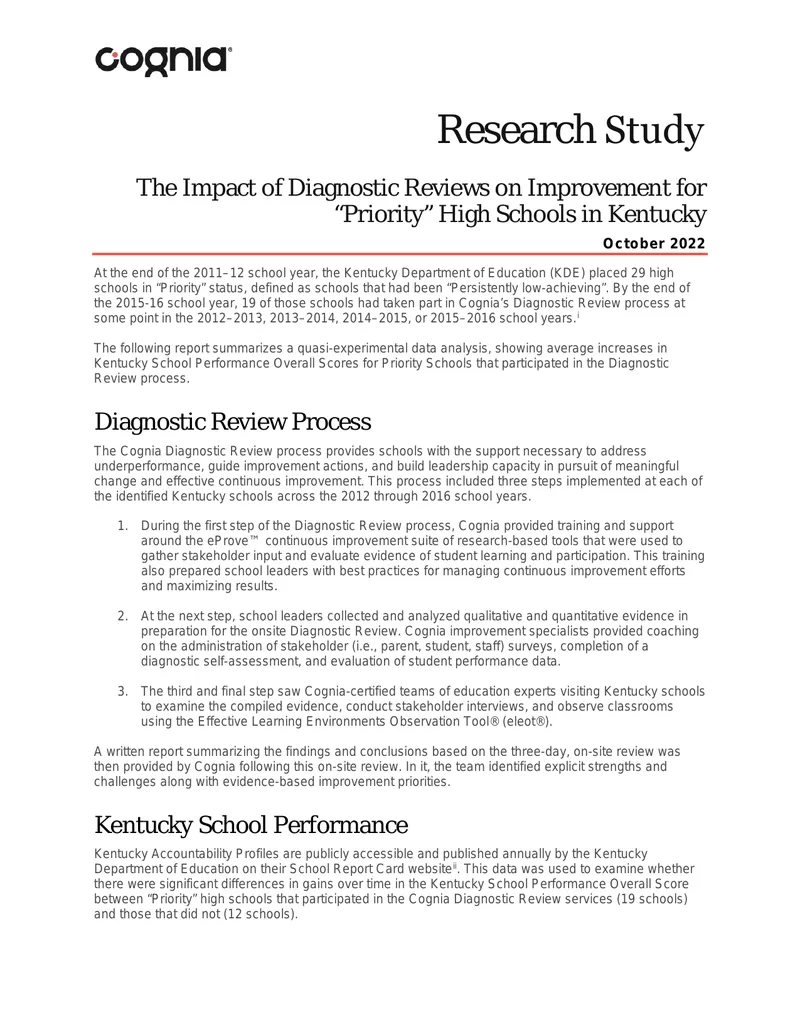 Impact of Diagnostic Reviews on Kentucky High Schools
