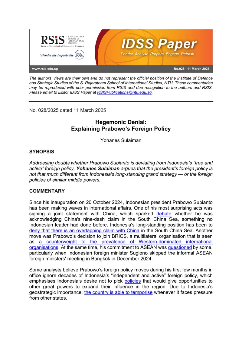 Hegemonic Denial in Prabowo's Foreign Policy