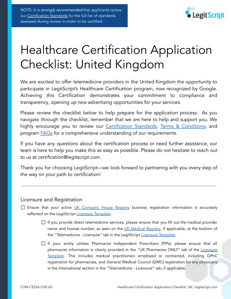 Healthcare Certification Application Checklist for UK Providers