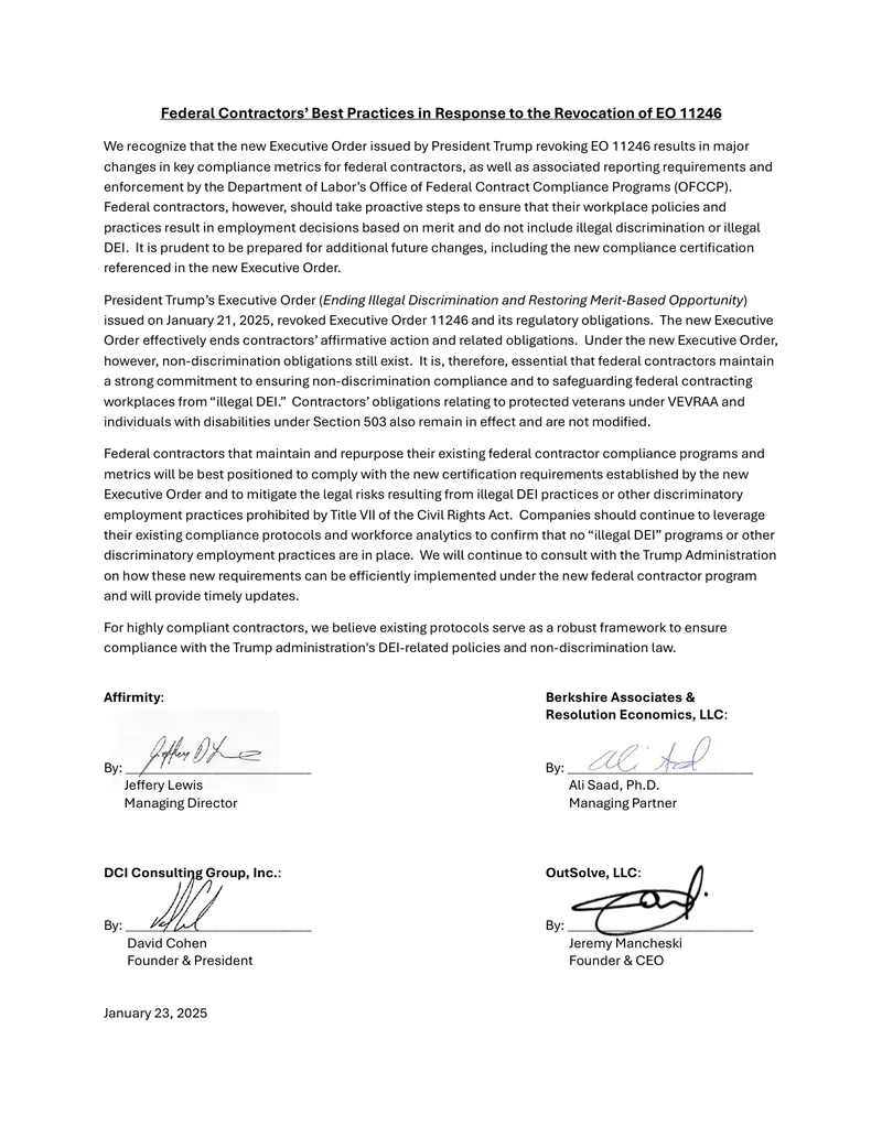 Federal Contractors’ Best Practices Post EO 11246 Revocation