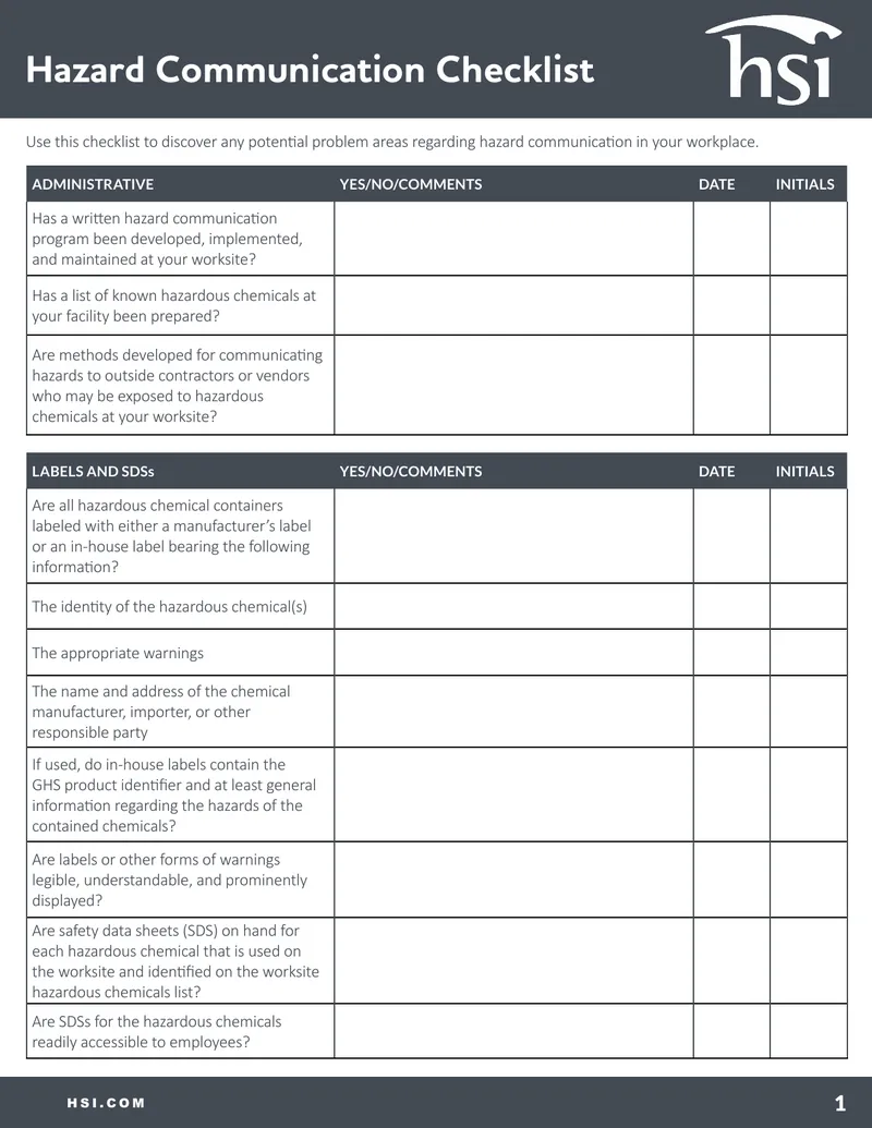 Hazard Communication Checklist for Workplaces
