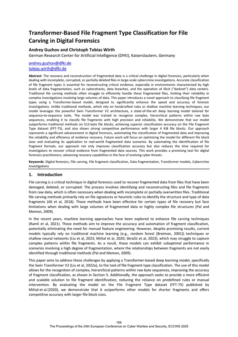 Transformer-Based File Fragment Classification in Digital Forensics