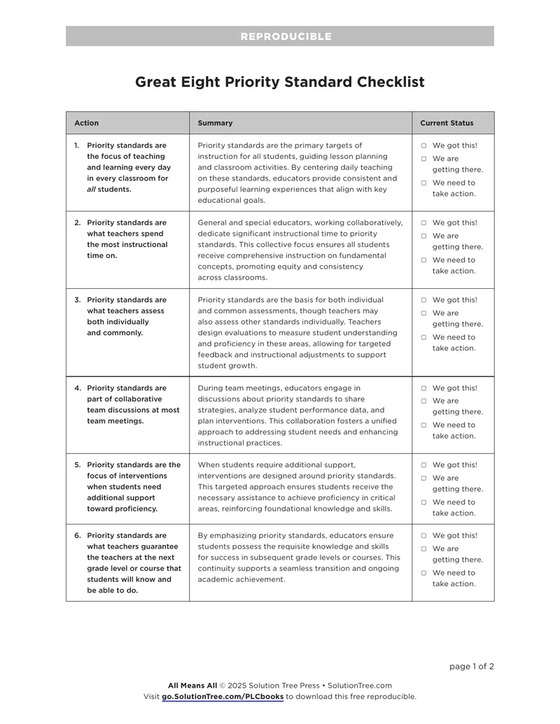 Great Eight Priority Standard Checklist
