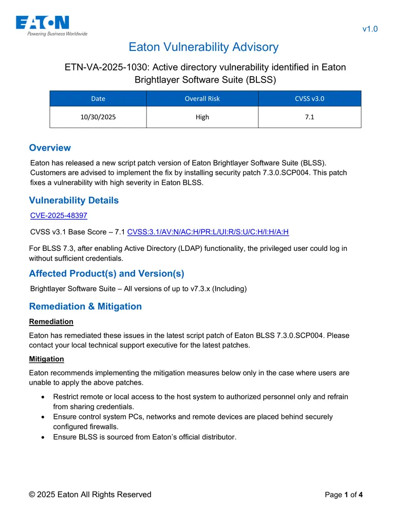 Eaton Vulnerability Advisory for Brightlayer Software Suite