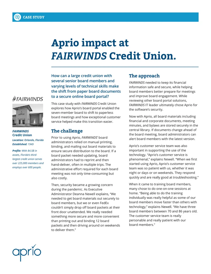 FAIRWINDS Credit Union Case Study on Aprio Implementation