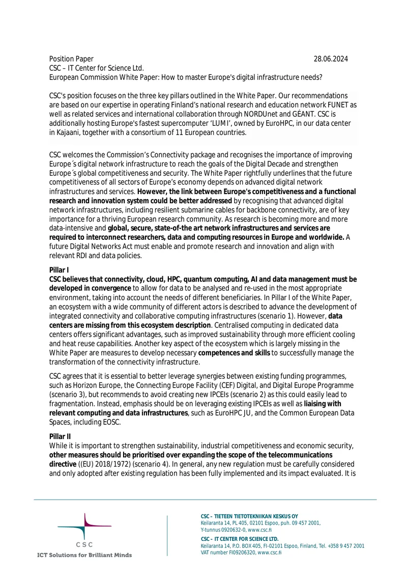 CSC Position Paper on Europe's Digital Infrastructure Needs