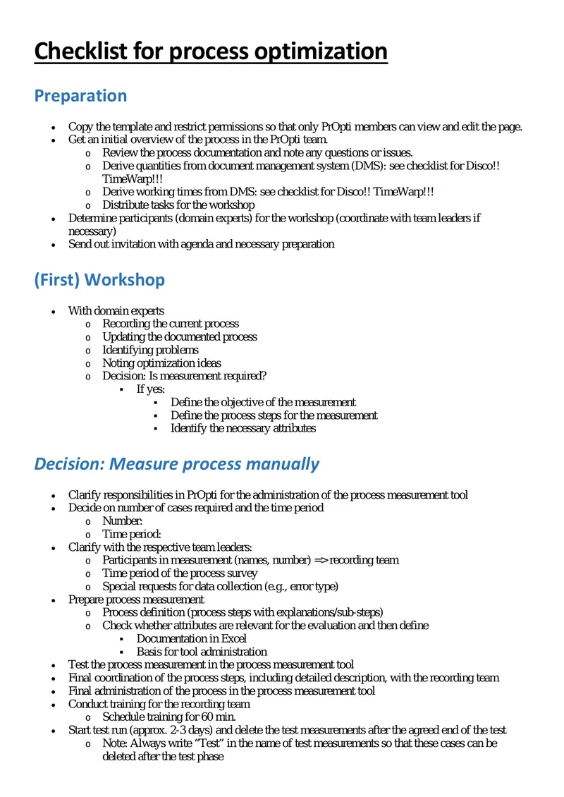 Checklist for Process Optimization and Measurement