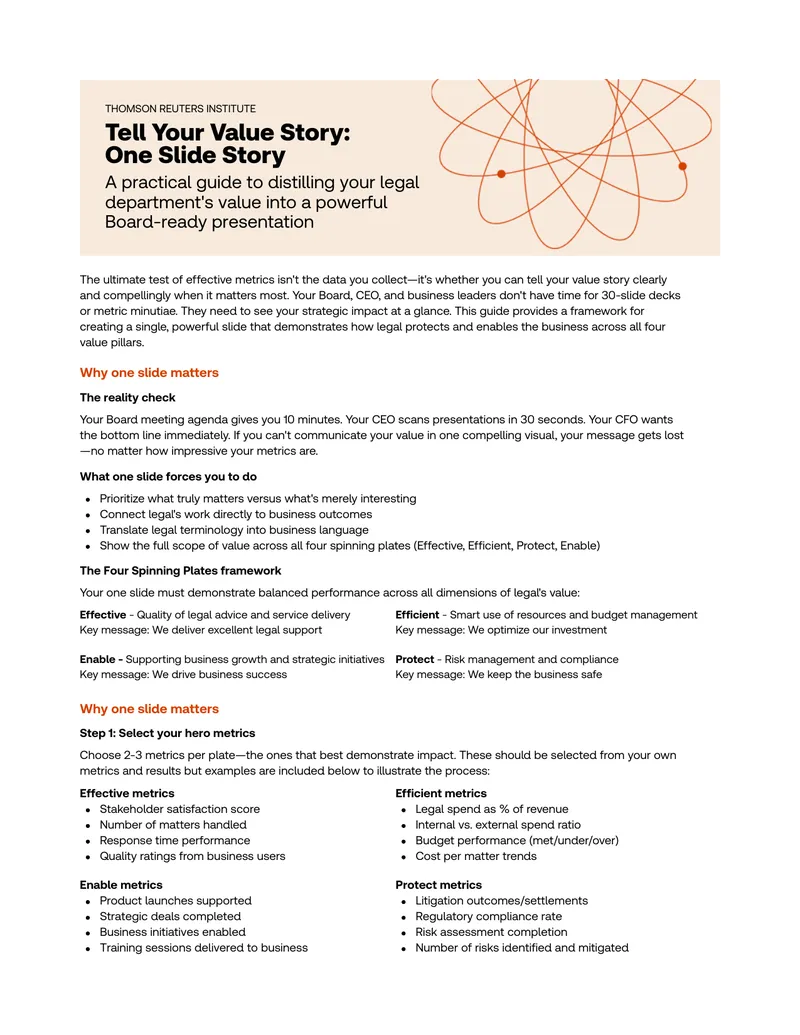 One Slide Story for Legal Department Value Presentation
