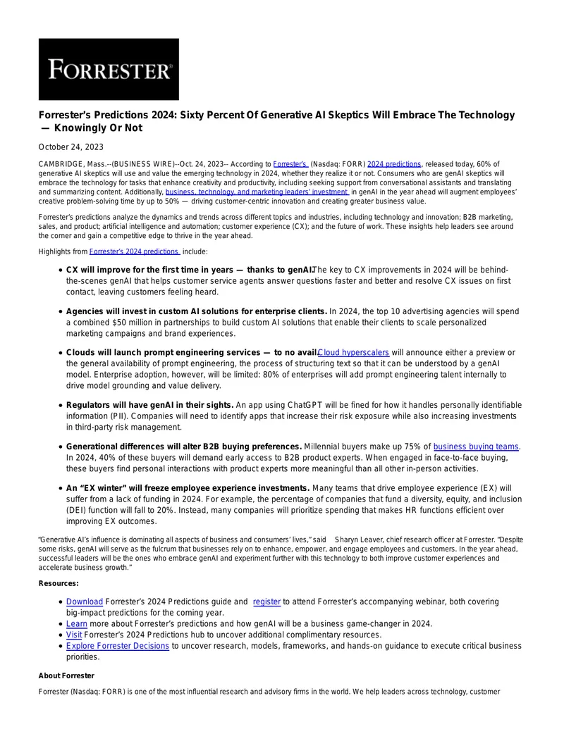 Forrester's 2024 Predictions on Generative AI Adoption